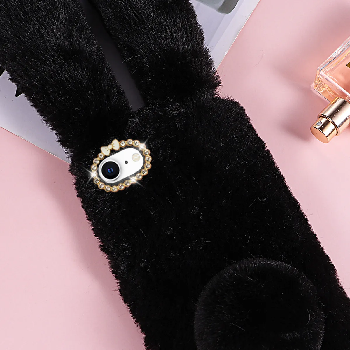 Black Adorable Rabbit Design Phone Case Se 2020 Glitter Rhinestone Frame Lightweight Shockproof Cover for Se 2020