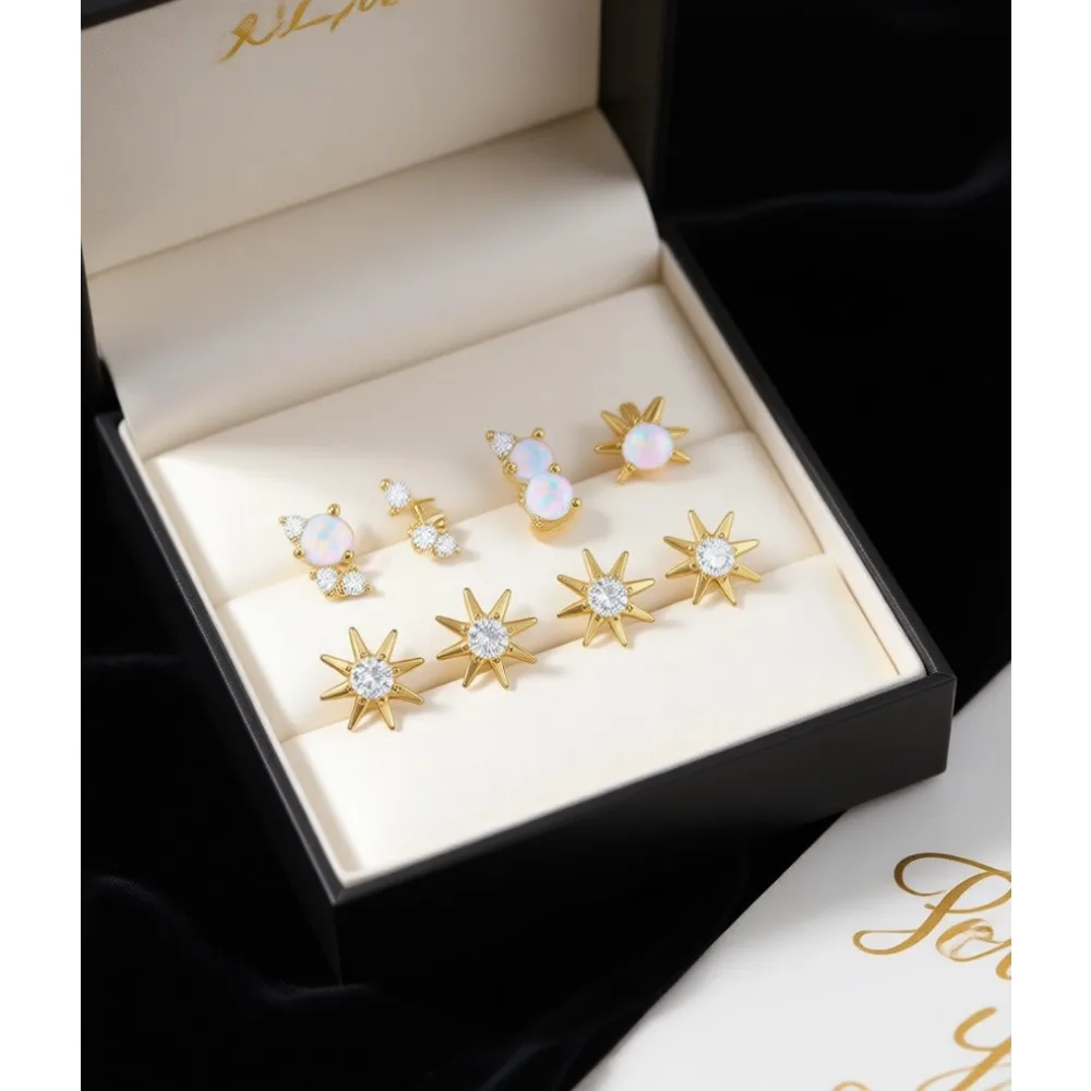 

Набор из 3 пар серег-гвоздиков с плоской задней частью из серебра 925 пробы с позолотой 14K, с крошечными фианитами и опалами, для пирсинга хеликса, конча, трагуса, для мужчин и женщин