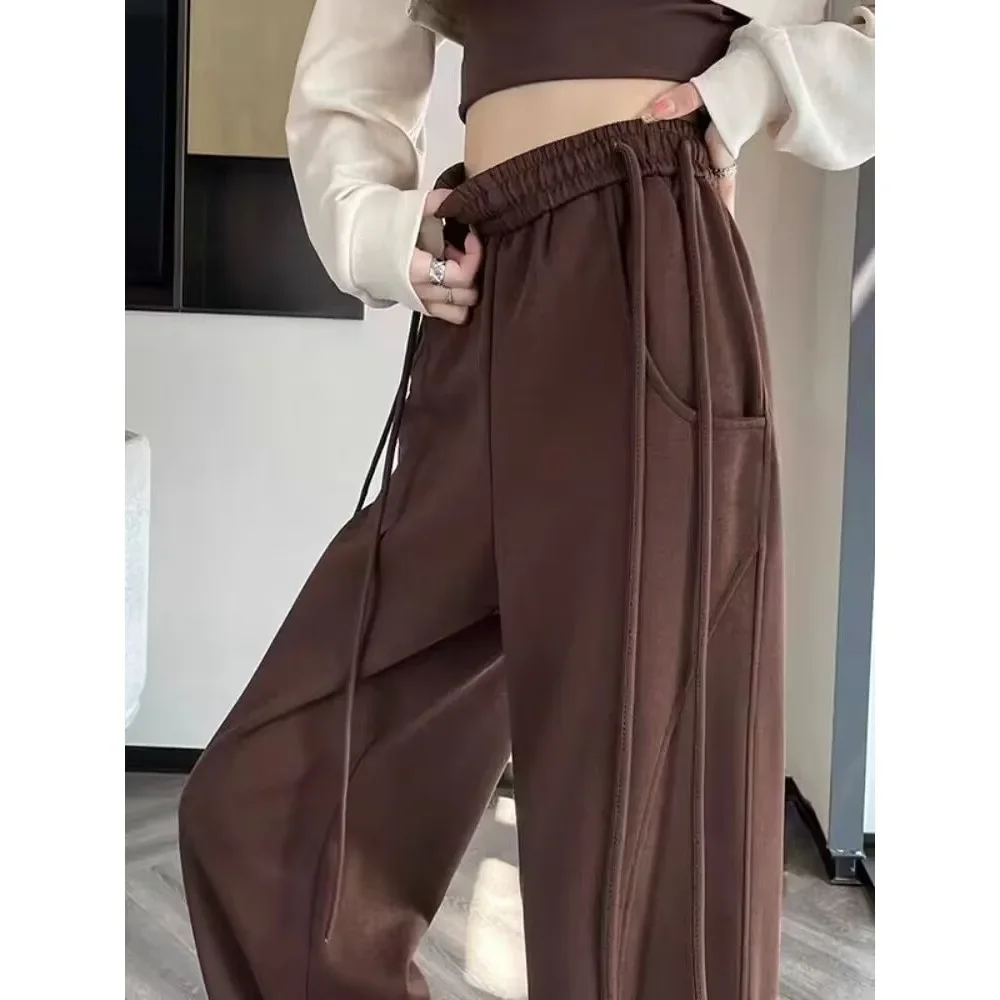 Pantalones de pierna ancha con cordón de color café para mujer, Instagram, otoño e invierno, pierna recta drapeada, pantalones casuales versátiles