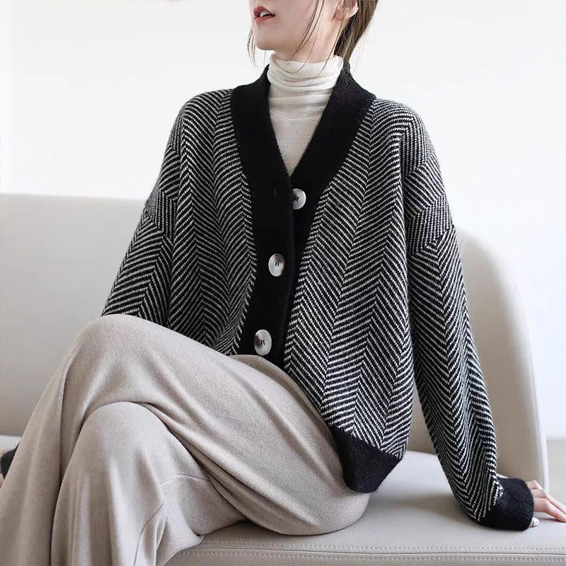 Women Clothing Y2K Striped Thick Knitted Cardigan Autumn Winter Fashion Temperament Commute Loose Sweaters