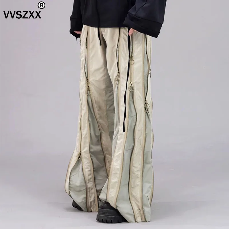 Men's Functional Style Zipper Spliced Casual Pants Patchwork Color Deconstruct Profile Straight Trousers Male