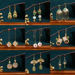 Ethnic Chinese Jade Pendant Earrings for Women Retro Palace Style Golden Color Luxury Wedding Jewelry Creative Festival Gifts