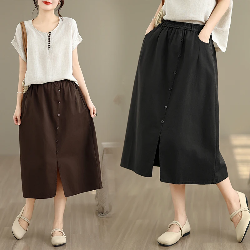 

Artistic Half-length Skirt with Slit A-line Design Elastic Waist Midi Skirt for Women Summer Season Thin Fabric Pure Color