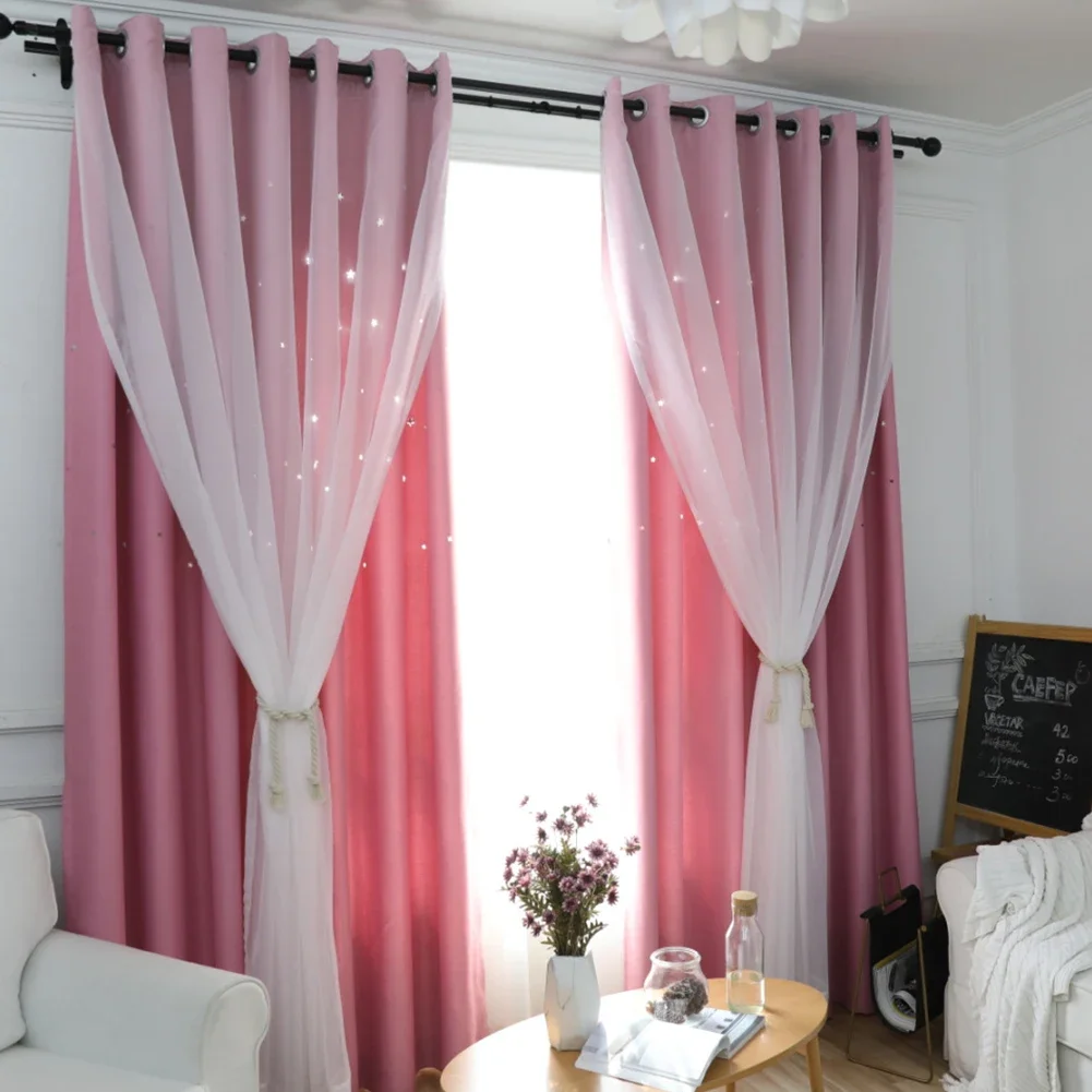 LOZUJOJU Double Layer Hollow Out Star Tulle Sheer Blackout Shading Curtain for Girls Room Bedroom Home Decor 1PC