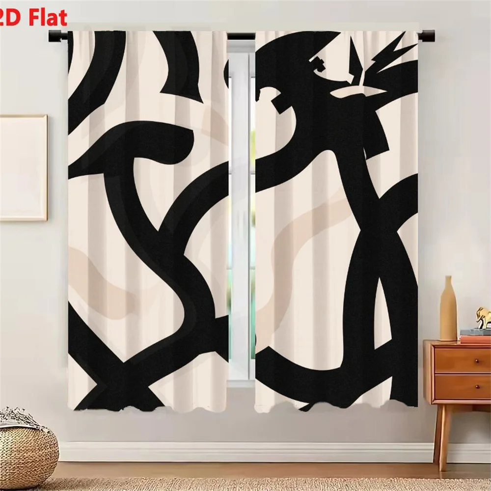2Pcs Curtains 2D Flat Abstract Minimalist Art With Bold Black Geometric Shapes And Stylized Figure On Light Neutral Background W