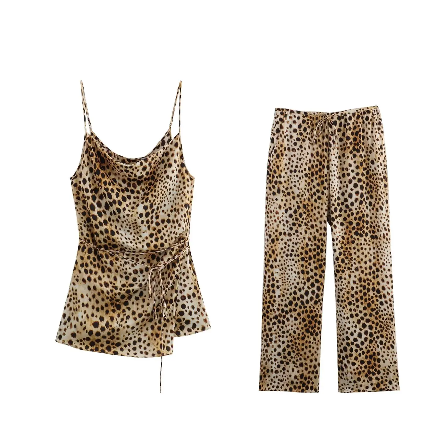 Completo da donna in 2 pezzi 2024 camicetta con lacci con stampa animalier di nuova moda camicetta senza maniche retrò + completo di pantaloni casual in raso