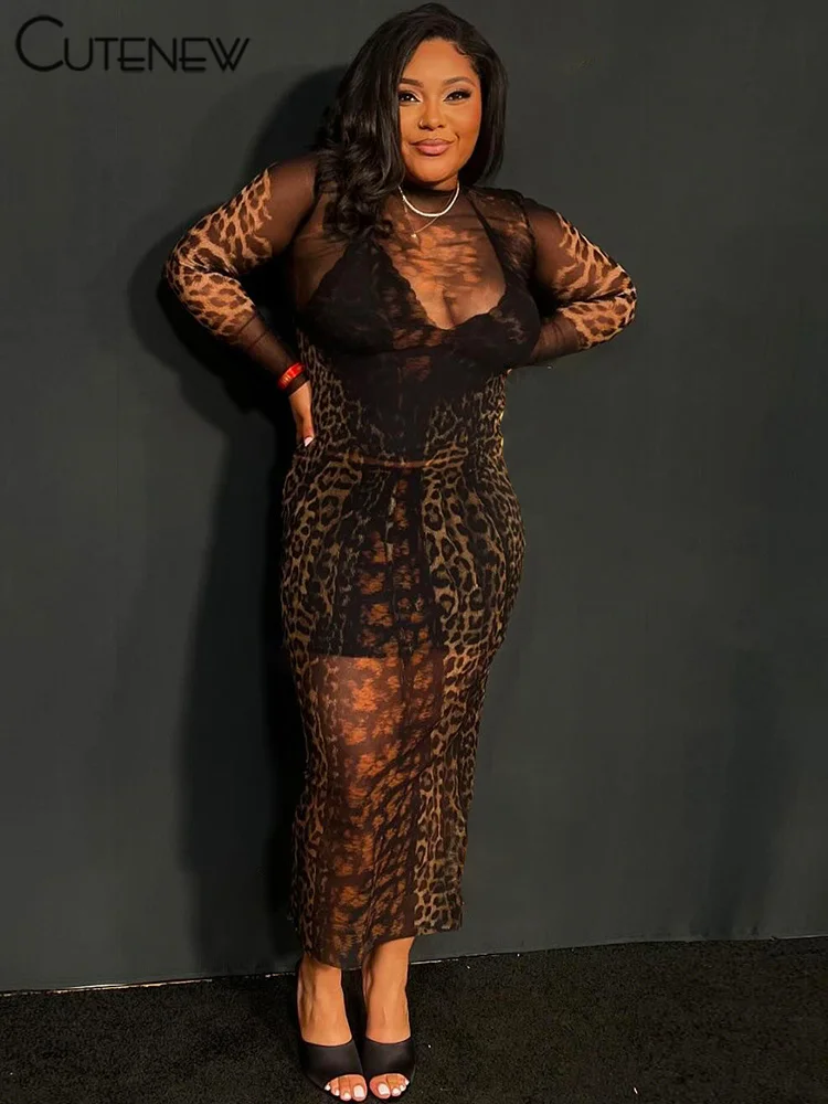 Cutenew Leopard Mesh Sexy Women Dresses Stunning Coquette Full Sleeve O-neck Sexy Sheer Long Vestidos Female Midnight Clubwear