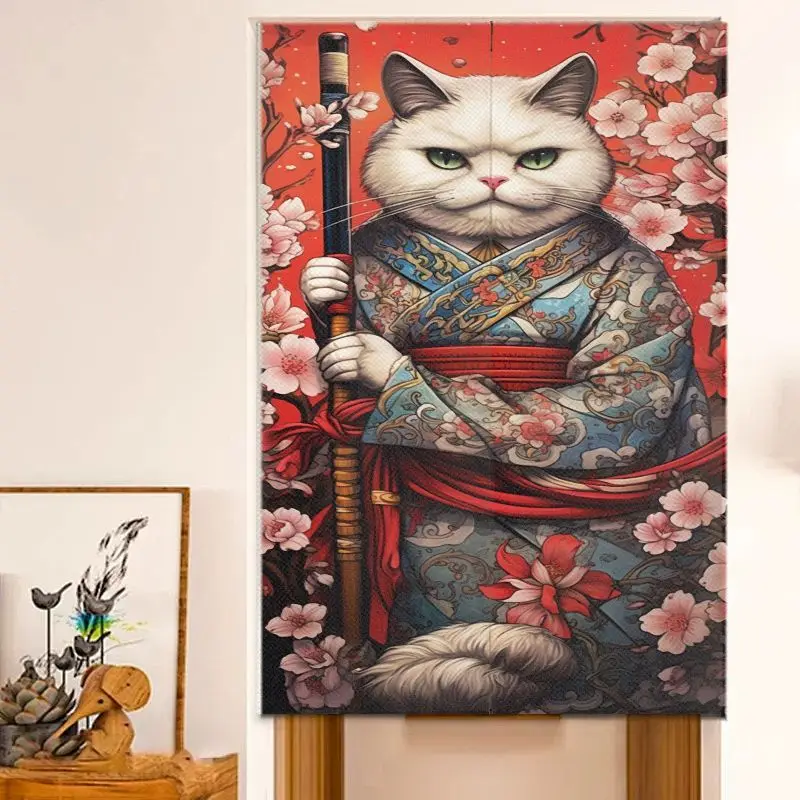 VIKAMA Ukiyo-e Samurai White Cat Noren Curtain Cherry Blossom Print Japanese Style Fabric Kitchen Doorway Divider Decor