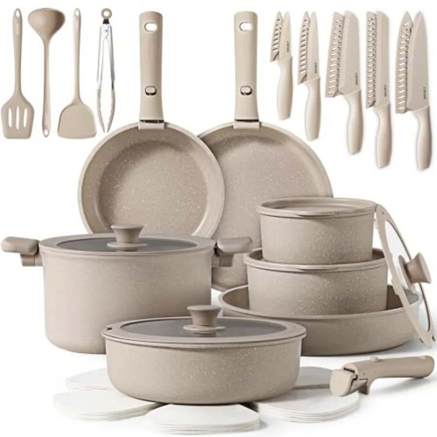 

CAROTE 35pcs Pots and Pans Set Non Stick Cookware Set with Removable Handles for Easy Storage Oven Safe up to 450F Compatible w