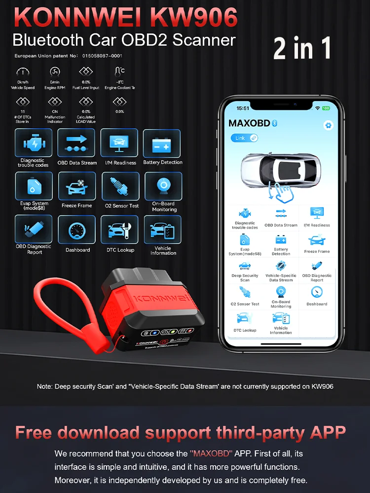 2026 KONNWEI KW906 OBD2 Skaner Diagnostyczny Układu Silnika Samochodowego Bluetooth 5.0 dla Android/IOS ELM 327 Czytnik Kodów Pic18F25K80 — 2
