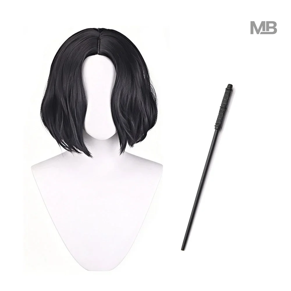Peluca de cosplay de Severus Snape, personaje de la película de anime, con cabello sintético negro y varita mágica. Accesorios para fiestas de Halloween, carnavales y juegos de rol.