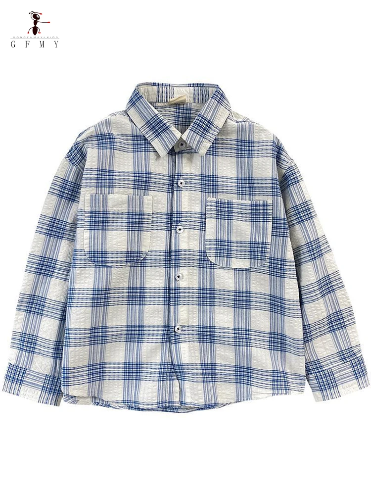 

Kids Bubble Blue Plaid Shirt Summer Lightweight Breathable Pure Cotton Boys Blouse Outerwear Big Children's Fashion Tops 3-14Y