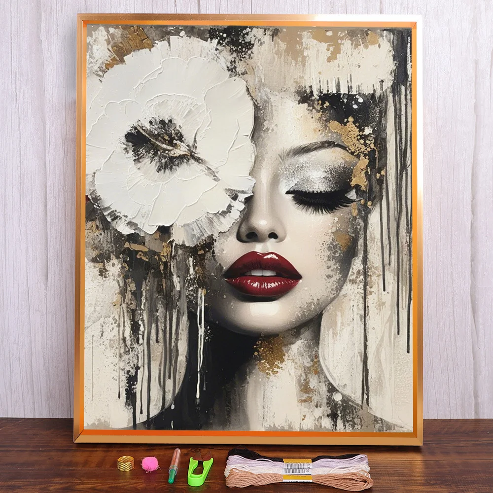 

Portrait Women Printed Fabric Cross-Stitch Set DIY Embroidery Handiwork Painting Handicraft Needlework Design Stamped For Adults