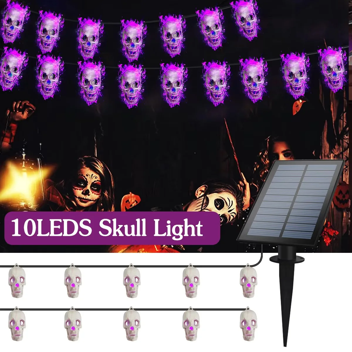 

Solar Skull String Lights 10 LED Solar Powered Halloween Decorations Outdoor Waterproof Auto On Off For Garden Party Christmas