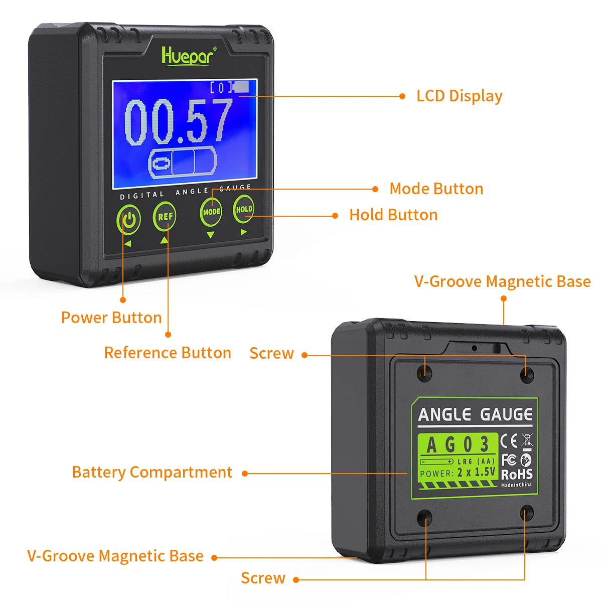 Imagem -03 - Medidor de Ângulo Digital Inclinômetro Lcd Eletrônico Bevel 360 ° Medição Transferidor Base Magnética e Alerta Sonoro Huepar-ag03