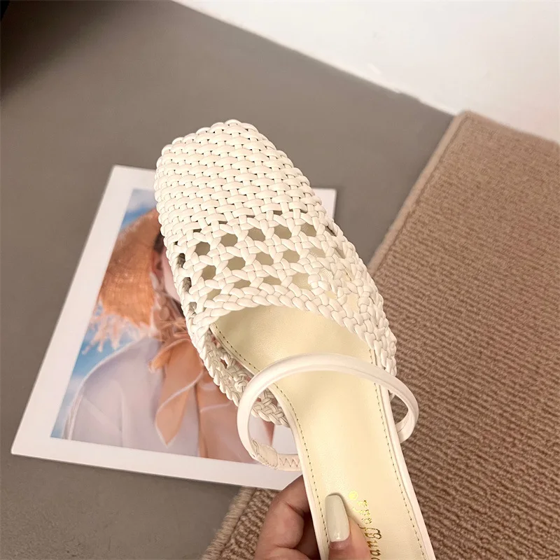 French Square Toe Hollowed Out Woven Small Low Heels with A Straight Line and Muller Half Slippers for Women In Summer