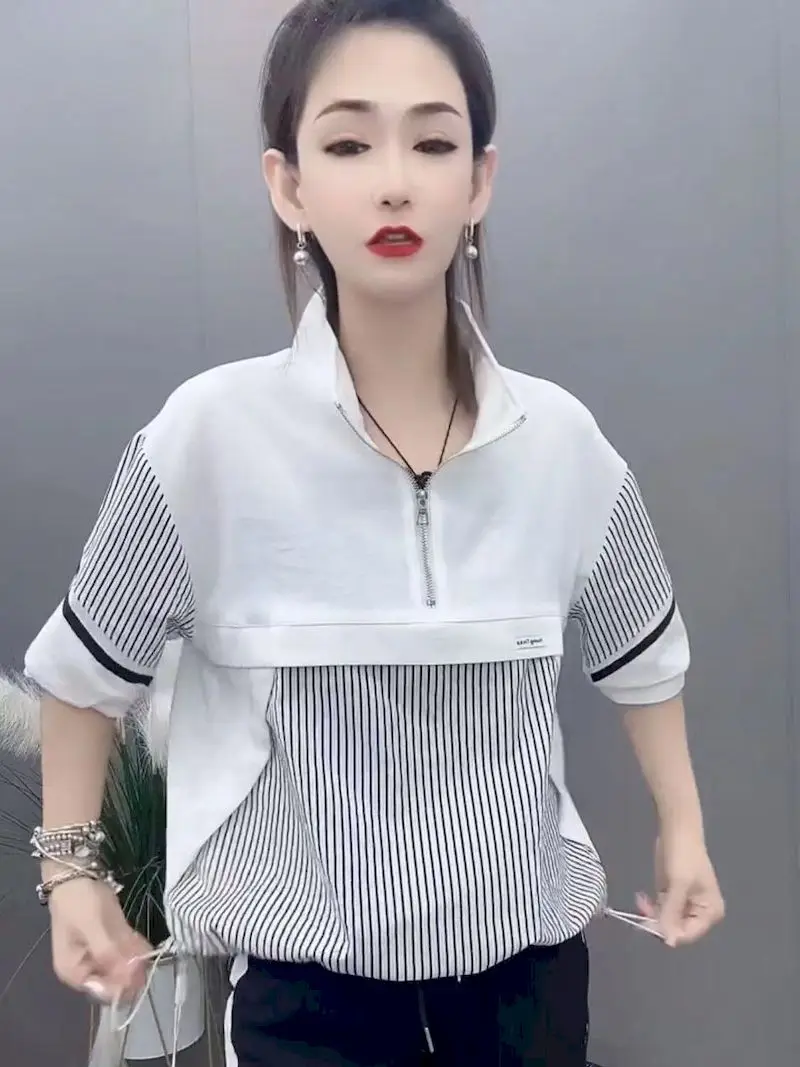 Fashion Patchwork T Shirts Women Stand Collar Half Zipper Sporty Style T-shirt Casual Loose Short Sleeve Tops Summer Thin Tshirt