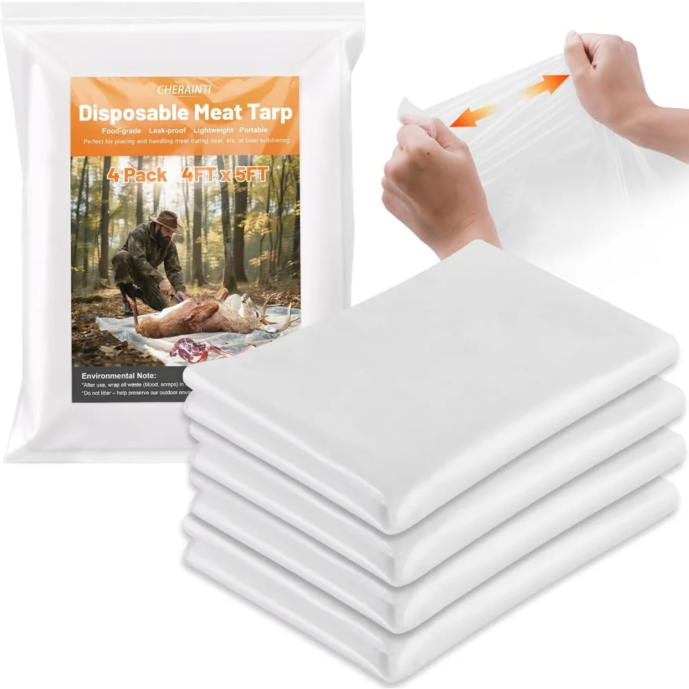 CHERAINTI Lonas de carne para caza, paquete de 4 paños de plástico desechables de 1 mil, láminas de plástico transparente de 4x5 pies, impermeables y