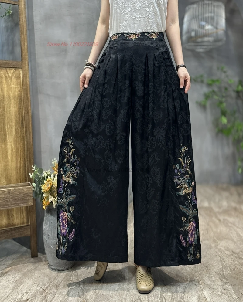 2025 chinese vintage folk pants satin jacquard trousers women national flower embroidery ethnic elastic waist wide leg trousers