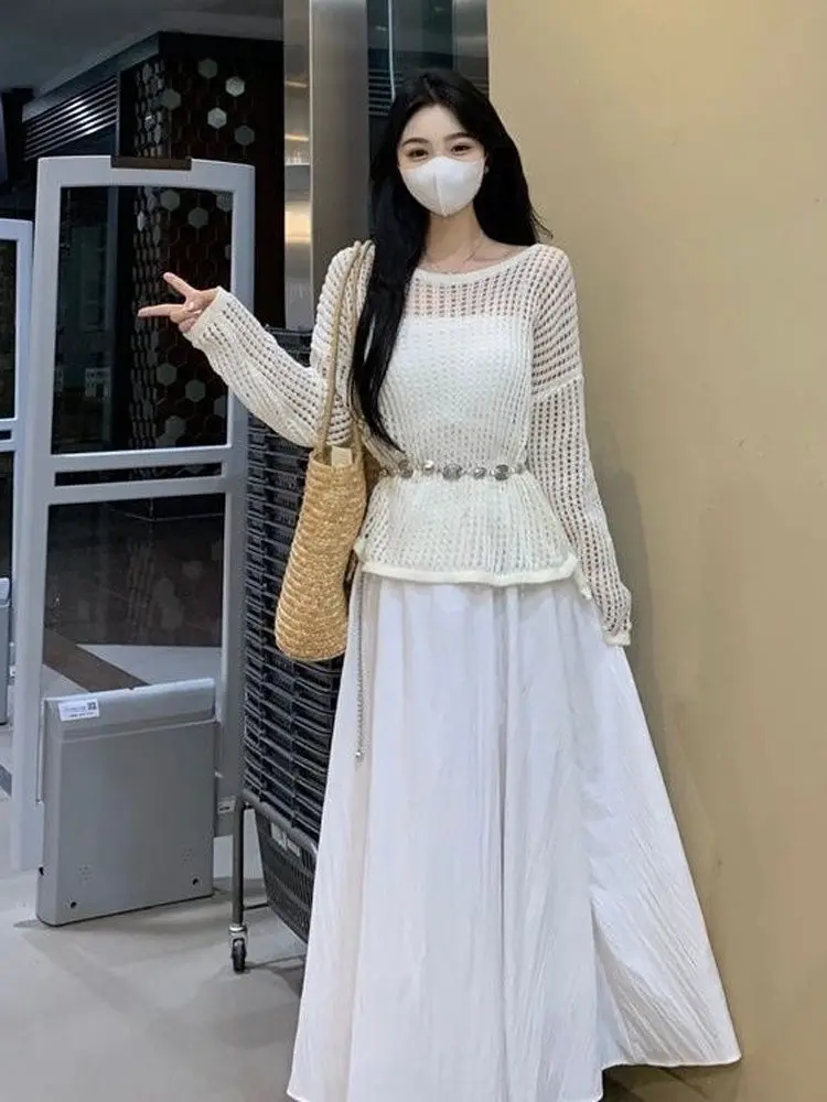 n Sle White Strapl Dr Outfit Summer Travel Set in due pezzi Gentle Korean Sle Long Sve round Ne Dr