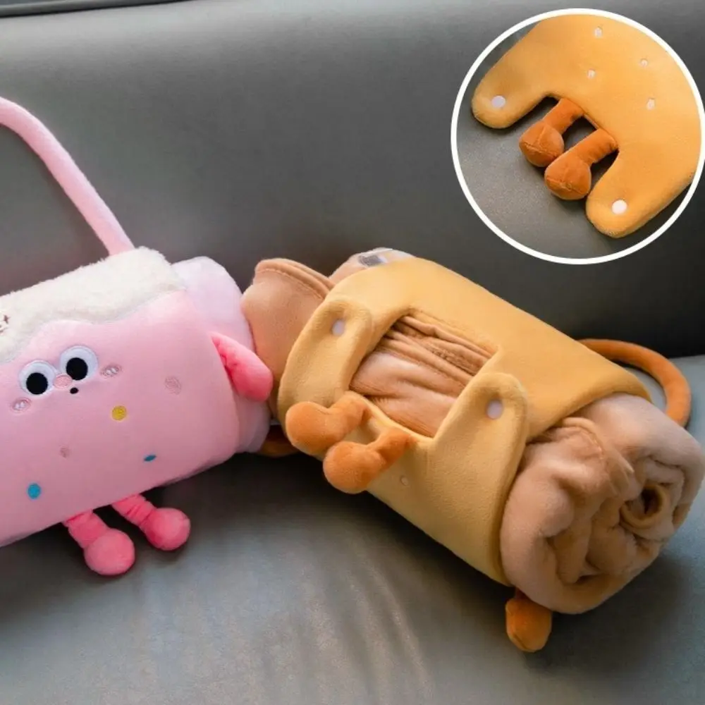 Cozy 2 in 1 Foldable Roll Blanket Cartoon Plush Air Conditioning Blanket Warm Handheld Cushions Blanket Office