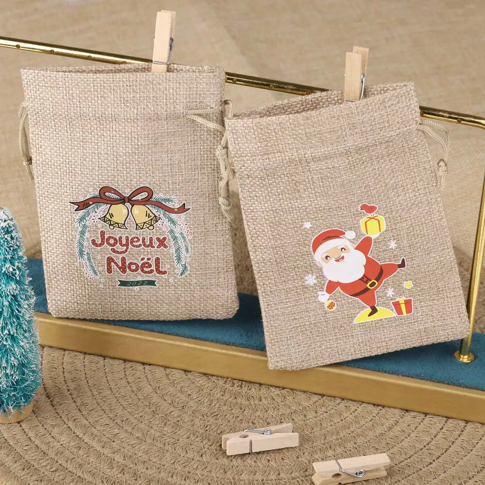 10pcs/lot Christmas Burlap Gift Bag 10x14cm Christmas Tree Printing Party Candy Jewelry Chocolate Drawstring Gift Bag & Pouches