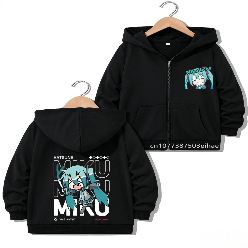 Hatsune Miku Themed Anime Print Girls Zipper Jacket Kids Spring Autumn Outerwear Cartoon Figure Children Casual Overcoat Tops