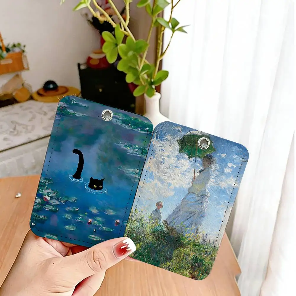 Claude Monet Classic Art 1Pc PU Leather Card Holder Keychain Key Ring Door Lock Access Tags ID Card Case Keychain Card