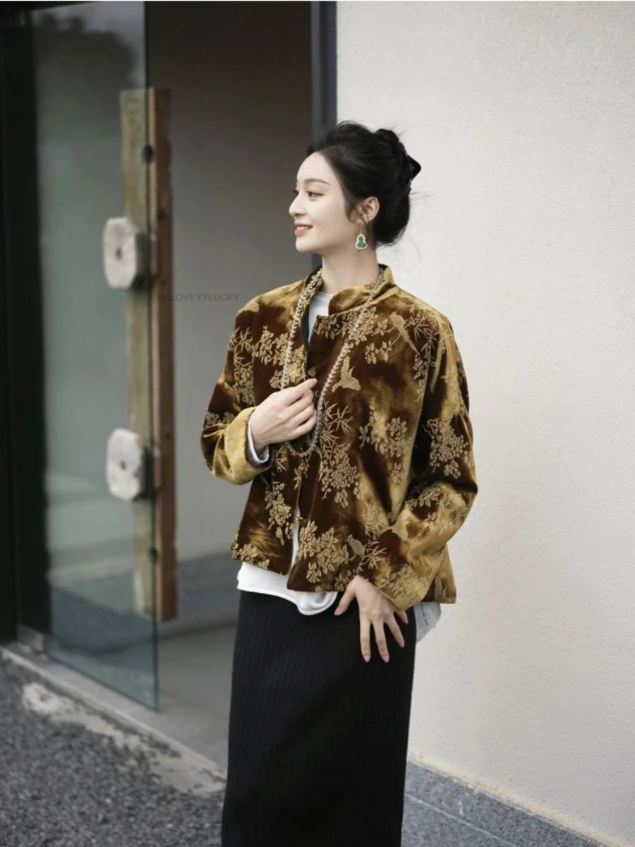 New Chinese Style Long Sleeved Jacquard Cardigan Summer Warm Loose Printing Versatile Retro Elegant Lady Tang Suit Top