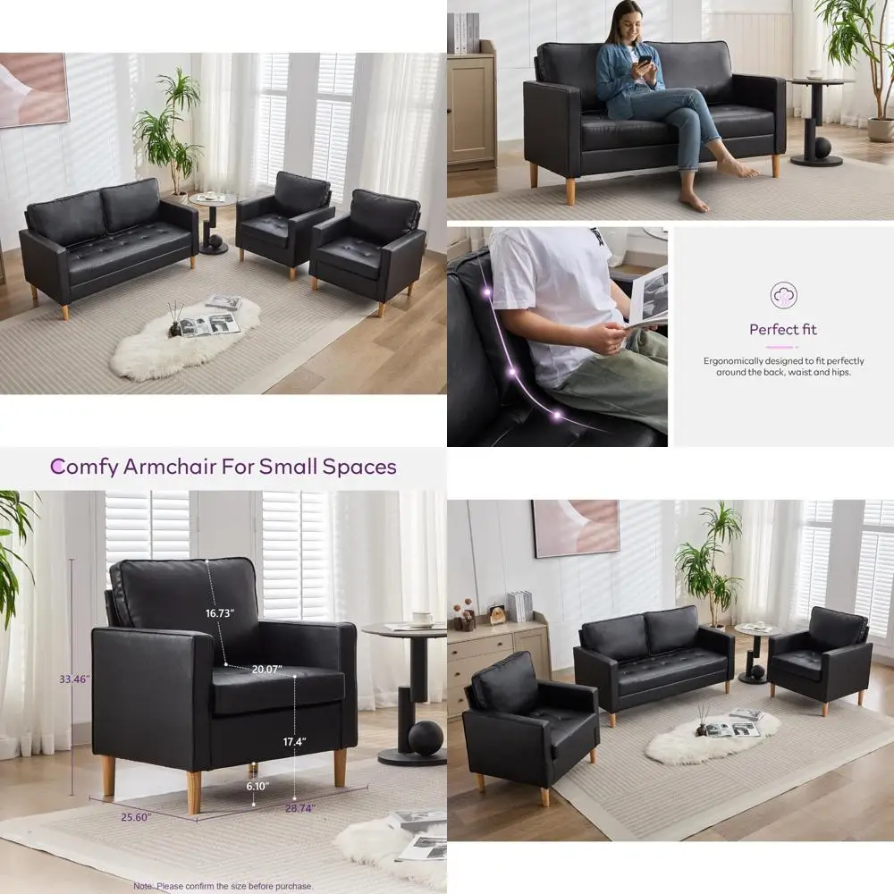 Conjunto de sala de estar moderno de couro sintético preto de 3 peças de meados do século com sofá tufado e sofá de 2 lugares