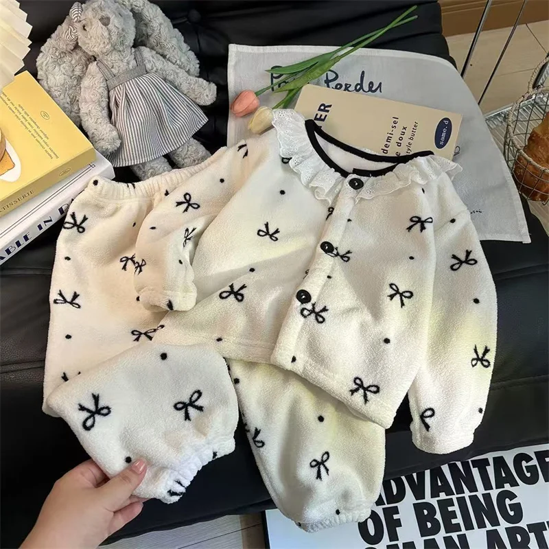 Kids Winter Soft Suits Girls Comfortable Home Bow Print Top+Pants 2Pc Outfits Children Daily Fleece Thick Thermal Clothes Sets