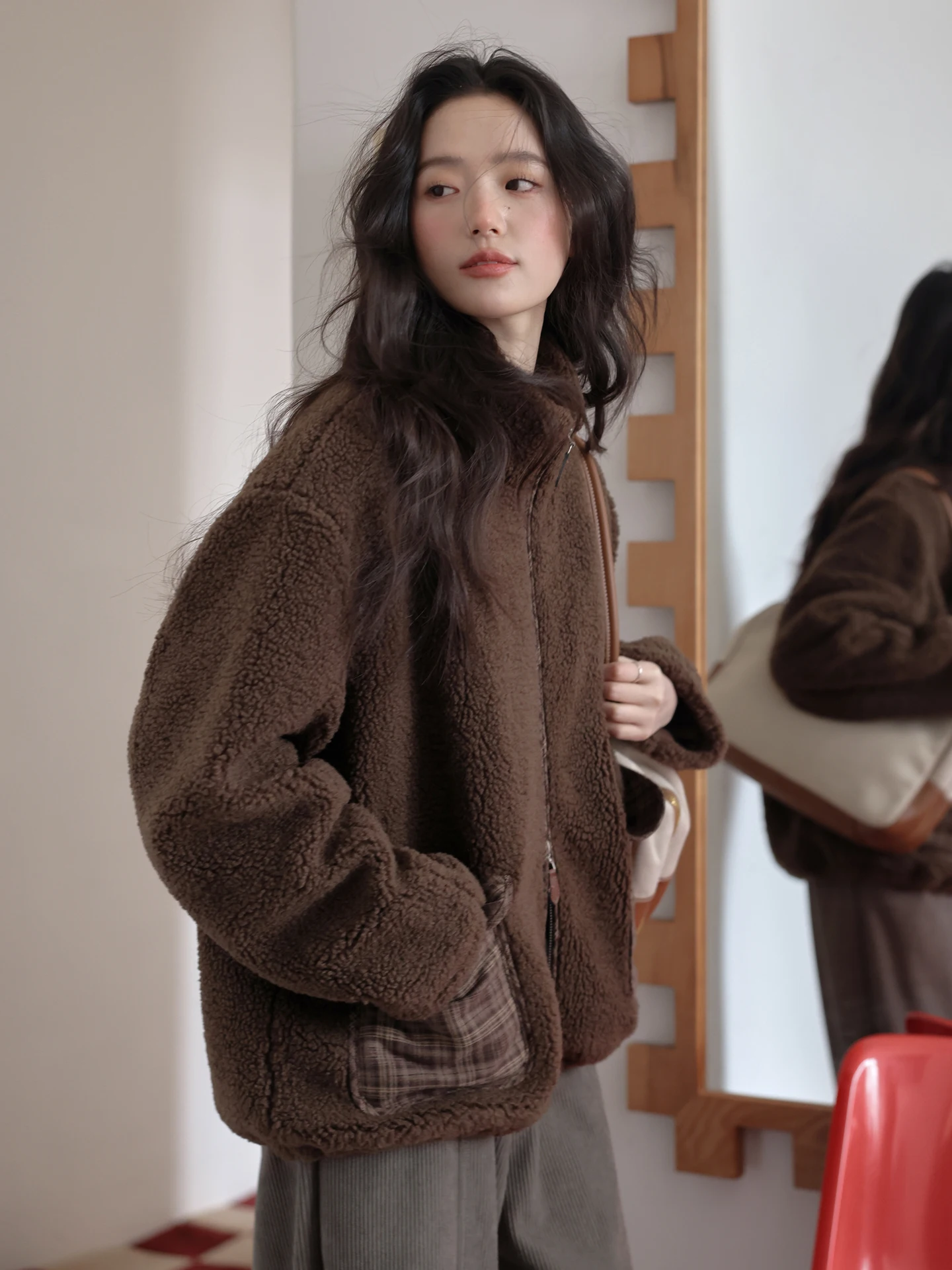 

Retro Thiened Plaid Dstring Casual Loose Stand Collar Warm Fur Jaet Women's Winter Outerwear Polyester Fiber Coat