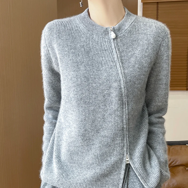 Autumn Winter New 100% Merino Wool Sweater Women\'s Clothing O-Neck Knitted Zipper Cardigan Casual Fashion Korean Version Tops