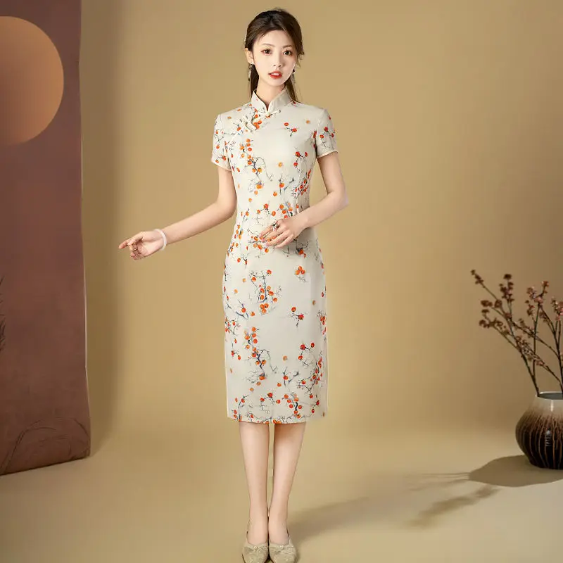 New Chinese Style Improved Medium Long Print Cheongsam 2026 New Women's Daily Summer Qipao Dress