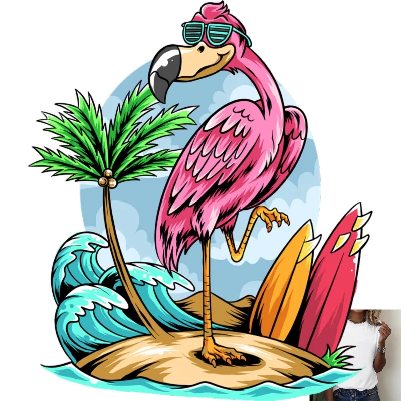 Trendy Tropical Sunglasses Flamingo Heat Transfer White Ink Iron - on Patch, Suitable for T - shirts/Canvas Bags, Versatile