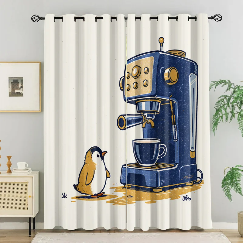 Vintage Penguin Window Curtain Cute Coffee Machine Print Drapes Fashion Light Blocking Curtains For Bedroom Living Room Decor
