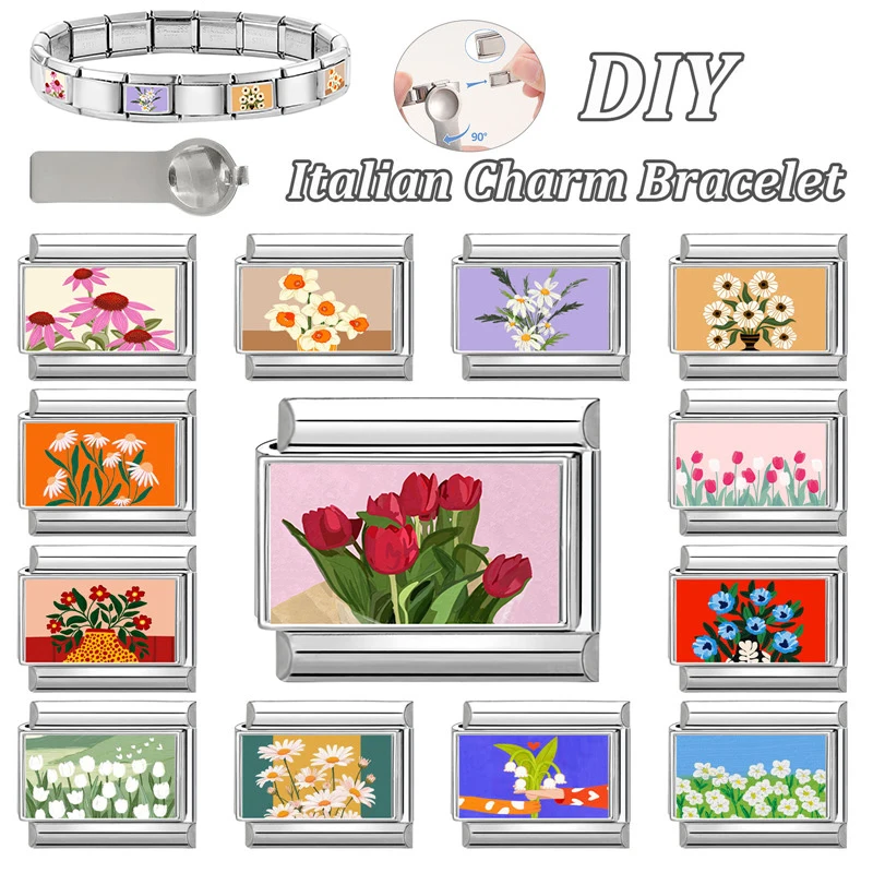 New Rose Tulip Sunflower Flower Italian Charm Link Fit 9mm Bracelet Stainless Steel Women Men DIY Making Gift