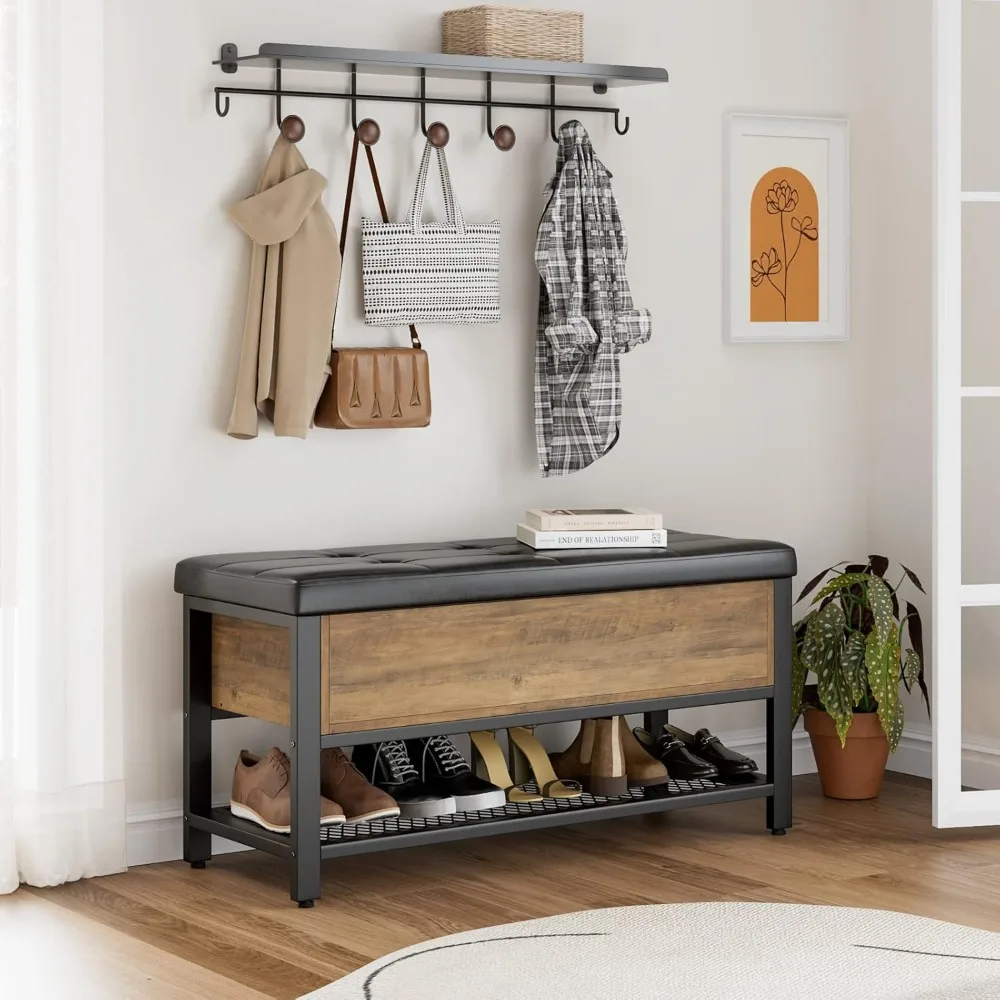 Storage Bench, Entryway Shoe Bench with Flip-Open Storage Box, End of Bed Ottoman Bench with Storage Shelf and Padded Seat