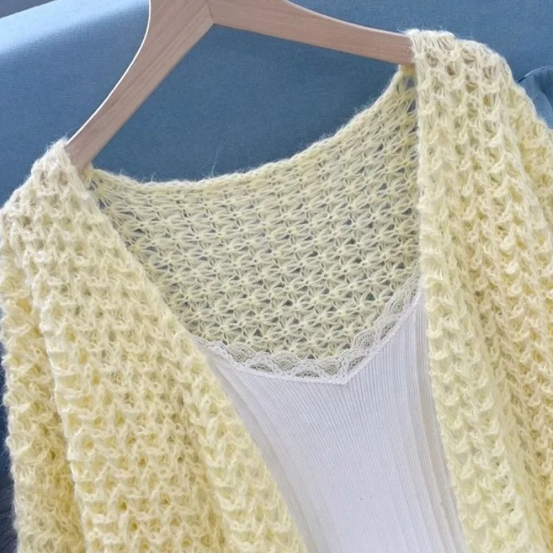 Cárdigans amarillos de manga larga para mujer, abrigo de nicho de punto que combina con todo, informal, elegante, Simple, sólido, primavera y otoño