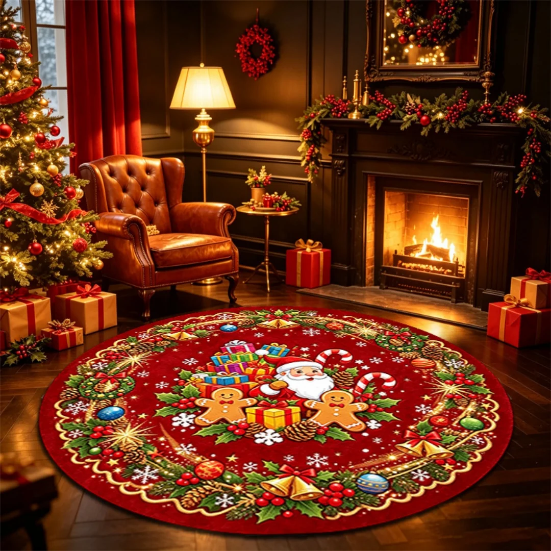 Merry Christmas Round Rug Dizziness Visual Art Carpet Santa Claus Dwarf Print New Year Christmas Gift Hallway Decor Non-slip Rug