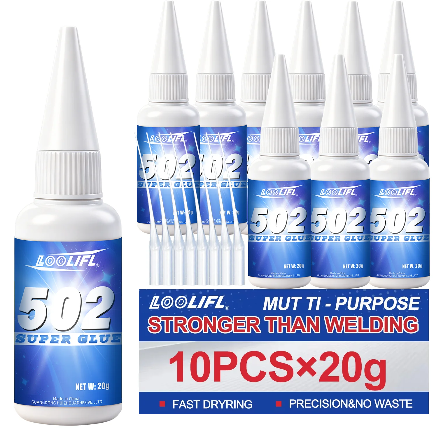 Loolifl502 Super Glue 10-Pack 20g Instant Cyanoacrylate Adhesive with Extended Nozzle Quick-Drying Transparent Repair Glue