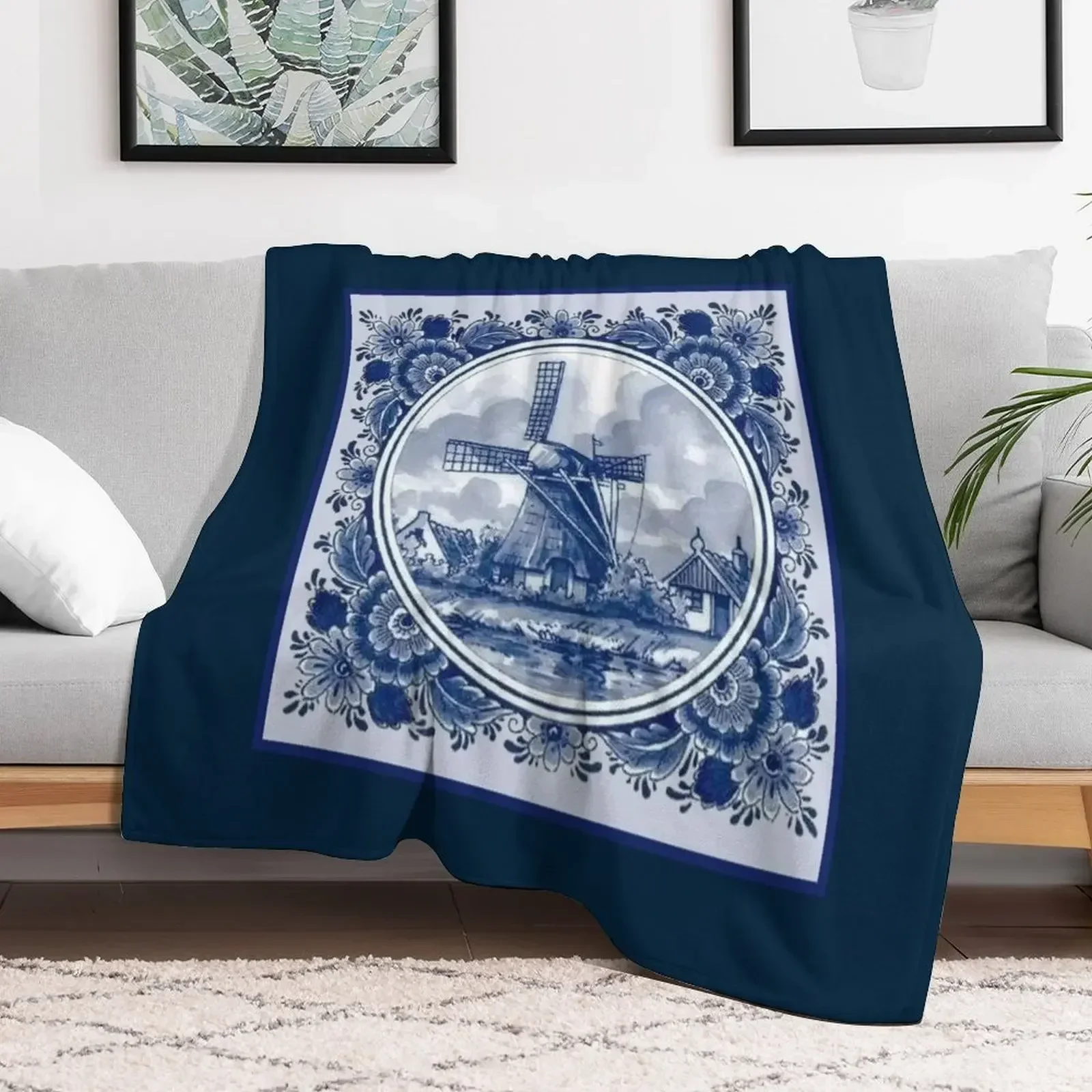 DUTCH BLUE DELFT : Vintage Windmills and Trees in Amsterdam Print Throw Blanket For Baby Multi-Purpose Large Blankets