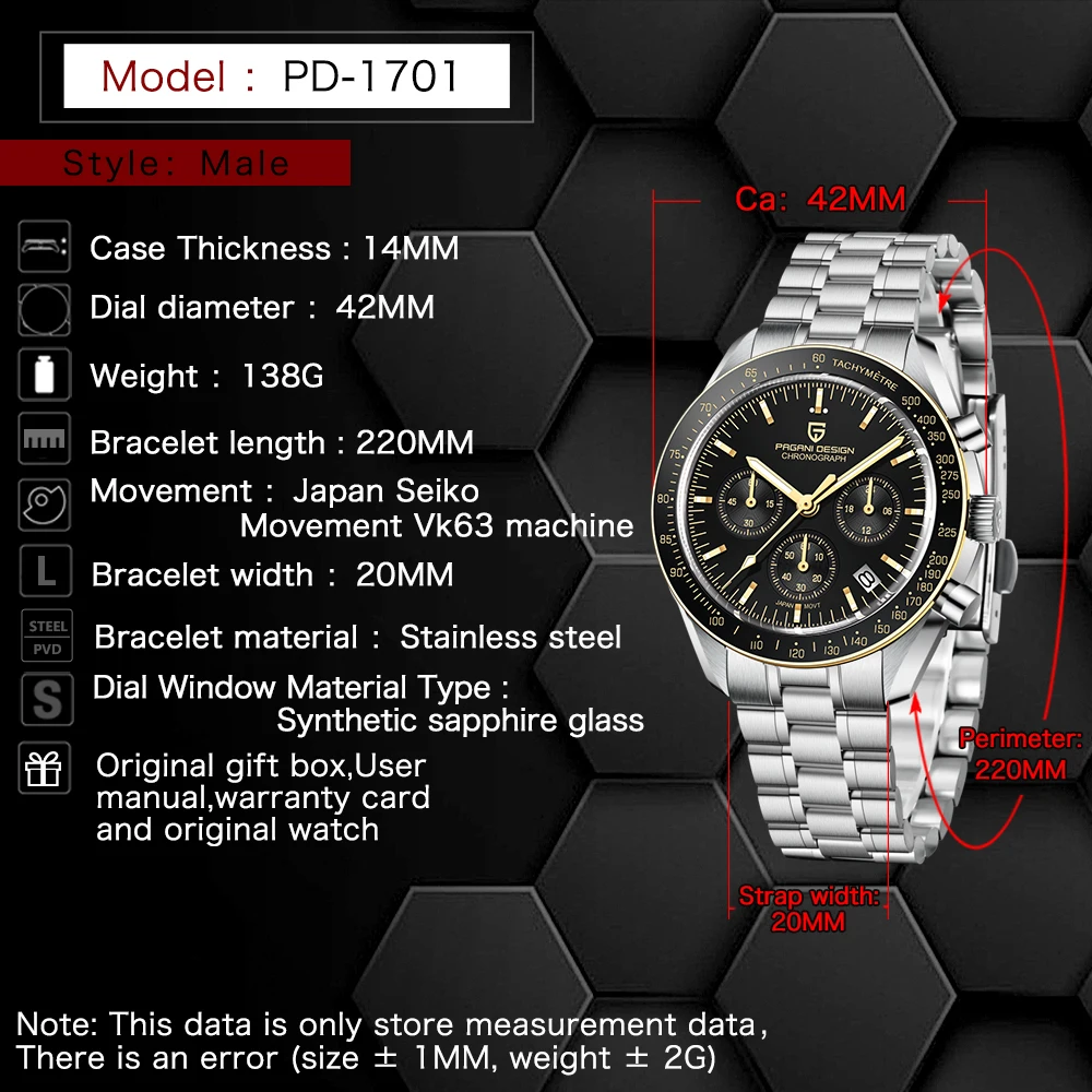 PAGANI DESIGN New Golden Watch Luxury Quartz Watches For Men Stainless Steel Luminous AR Sapphire Crystal Chronograph Man Gift Local Shipping image 7