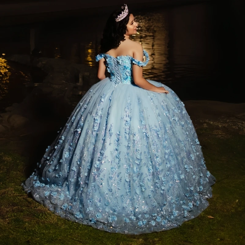 Céu azul quinceanera vestidos fora do ombro vestido de baile doce 16 vestido applique flor miçangas cristal tull com capa festa aniversário
