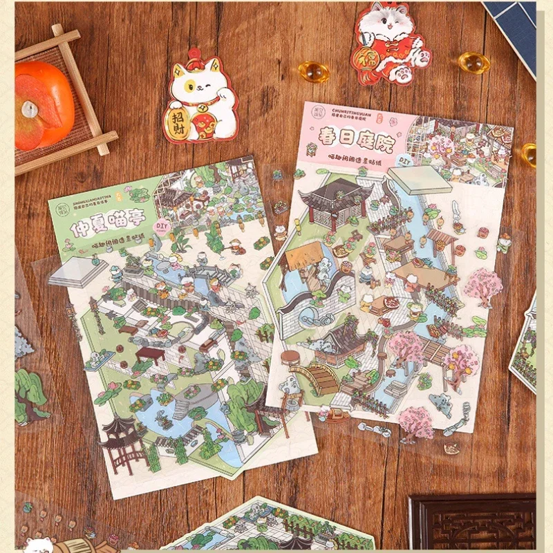 DIY Cartoon Cat Leisure Life In 4 Seasons Landscape Sticker 3D Pocket Cabin Scene Stacking Pasting Stickers Gift For