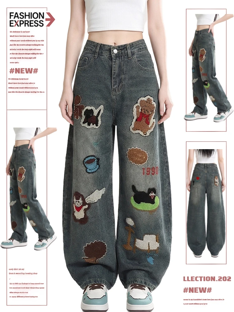 

Sweet Cartoon Embroidered Denim Pants Women's High Waist Wide Leg Jeans Patchwork Design Casual Spring Autumn Faion Ladies'...