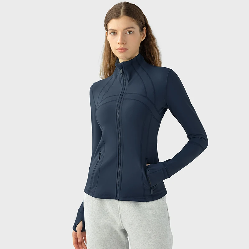 Women Sport Jacket with 4 Pockets Zipper Long Sleeves Thumb Holes Flex Slim Daily Running Yoga Exercise Coats