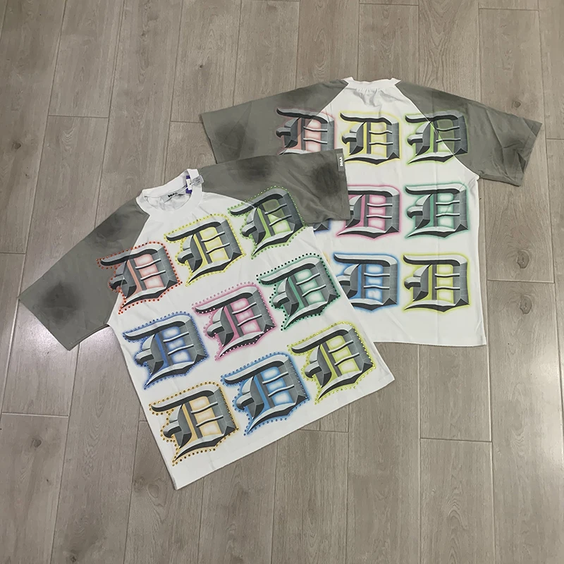 Duaa T-shirt Grid White Ink Direct Printing Men Women Fashion Trend Rhinestones Embellishments Tee Washed Vintage Short Sleeve