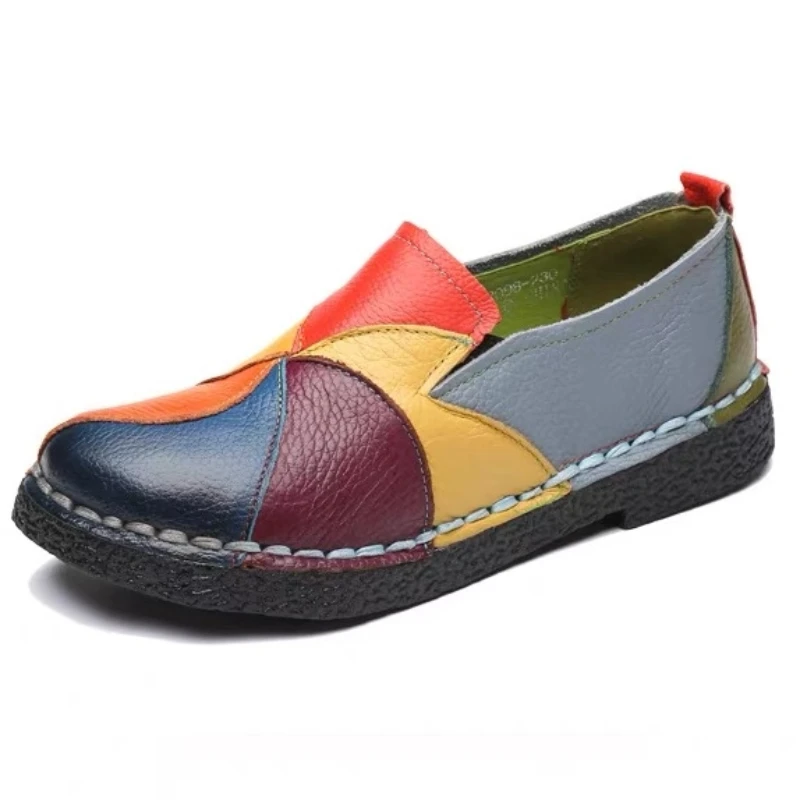 Neue Street-Dance-Schuhe, Damenschuhe im Ethno-Stil in Übergröße, farbblockierte Retro-Lederschuhe mit flachem Absatz und weicher Sohle