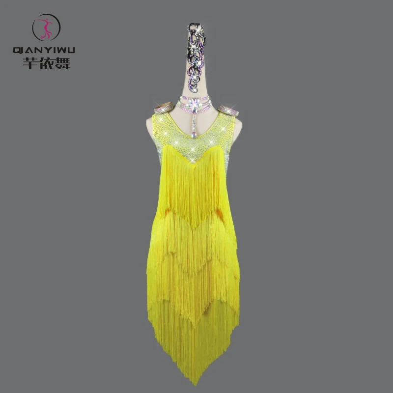 Yellow Professional Latin Dance Dress Sexy Women Ballroom Senior Fringe Short Skirt Line Suit Costume Ladies Cocktail Samba Girl